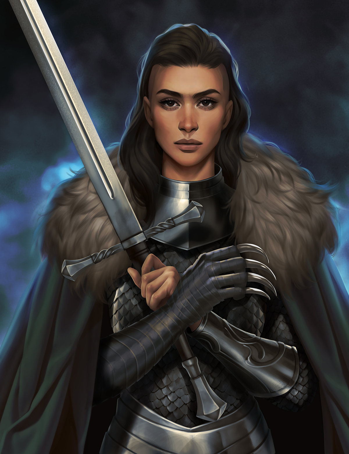 Hekla from the Bloodaxe Crew wearing viking armor, her prosthetic arm crossed with her sword over her chest