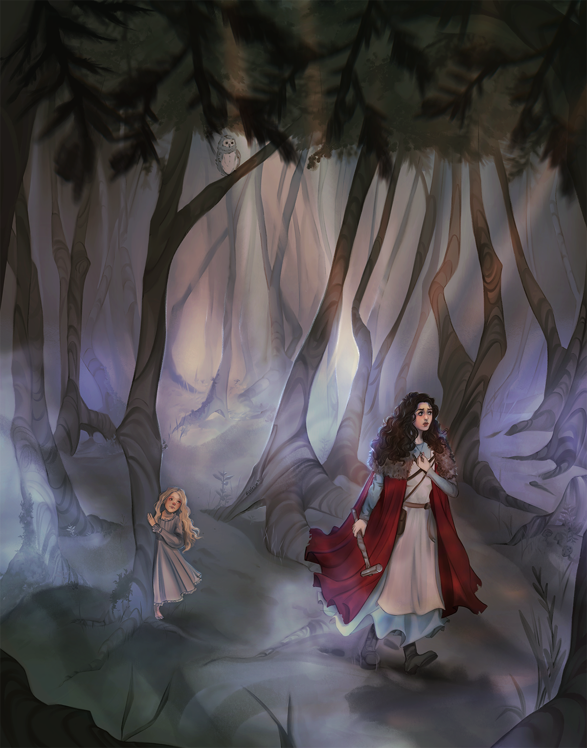 The Road of Bones art- Silla Nordvig walking through the Twisted Pinewoods, followed by the little blonde girl