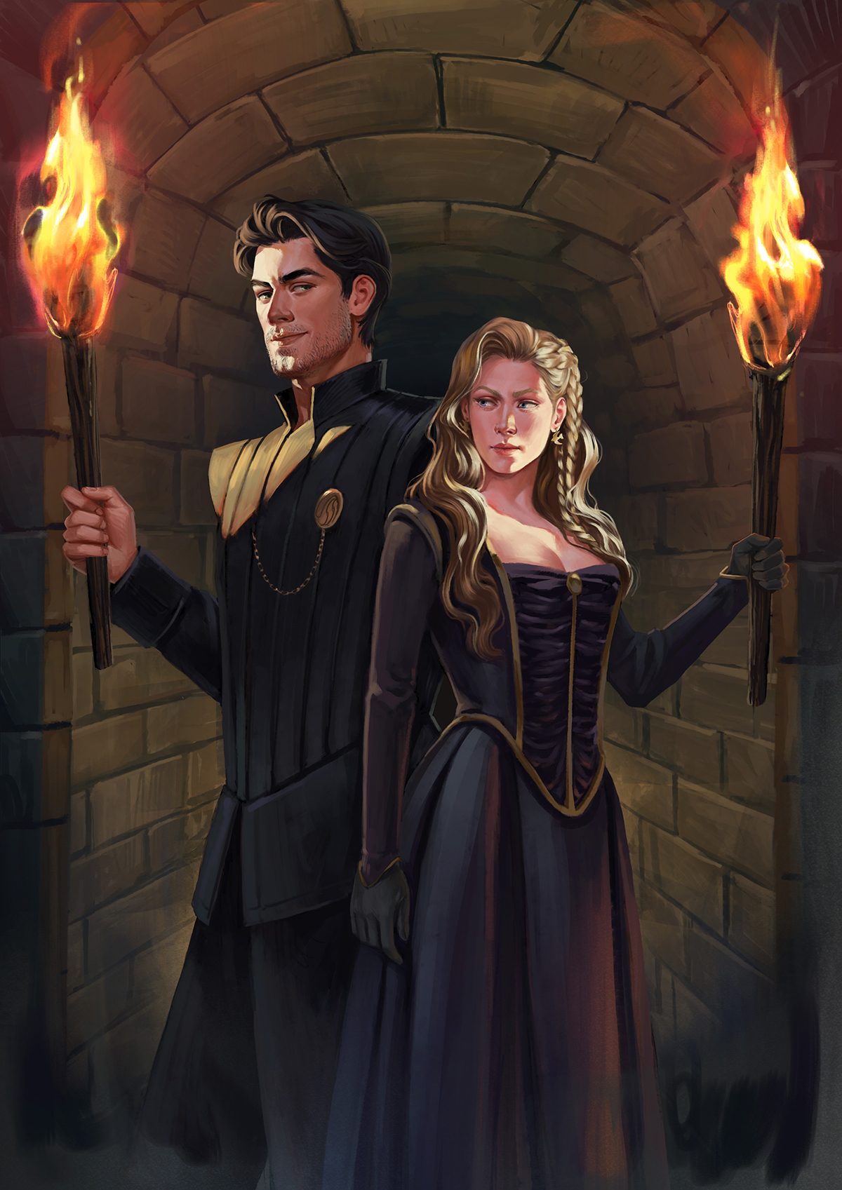 Kingdom of Claw character art: Saga and Rurik hold torches in the tunnels under the castle