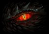 Glowing red eye of black dragon. Digital painting.